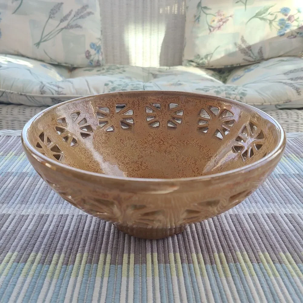 Vintage Clay Pottery Reticulated Bowl Earth-Tone Colors Handmade Artisan Pottery